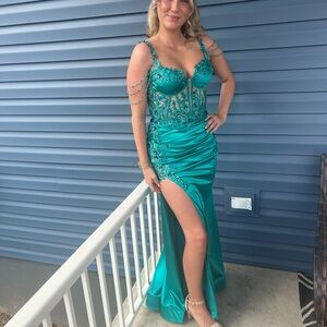 Rachel Allan Turquoise Prom Dress with Beaded Details
